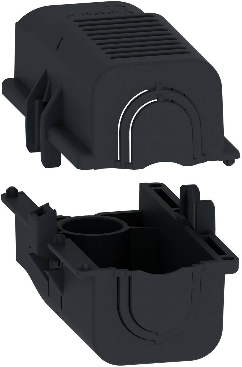 Schwarzes Kunststoff-Elektrosteckverbindergehäuse shown offen, mit der Abdeckung oben und der unteren Basis unten, die den internen Steckbereich zeigt.
