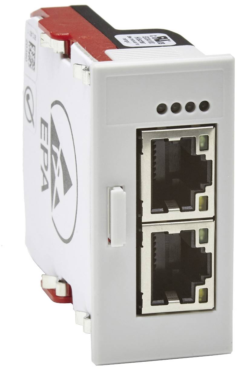 Industrie-Ethernet-Modul mit zwei gestapelten RJ45-Netzwerksteckern auf einem weißen Gehäuse