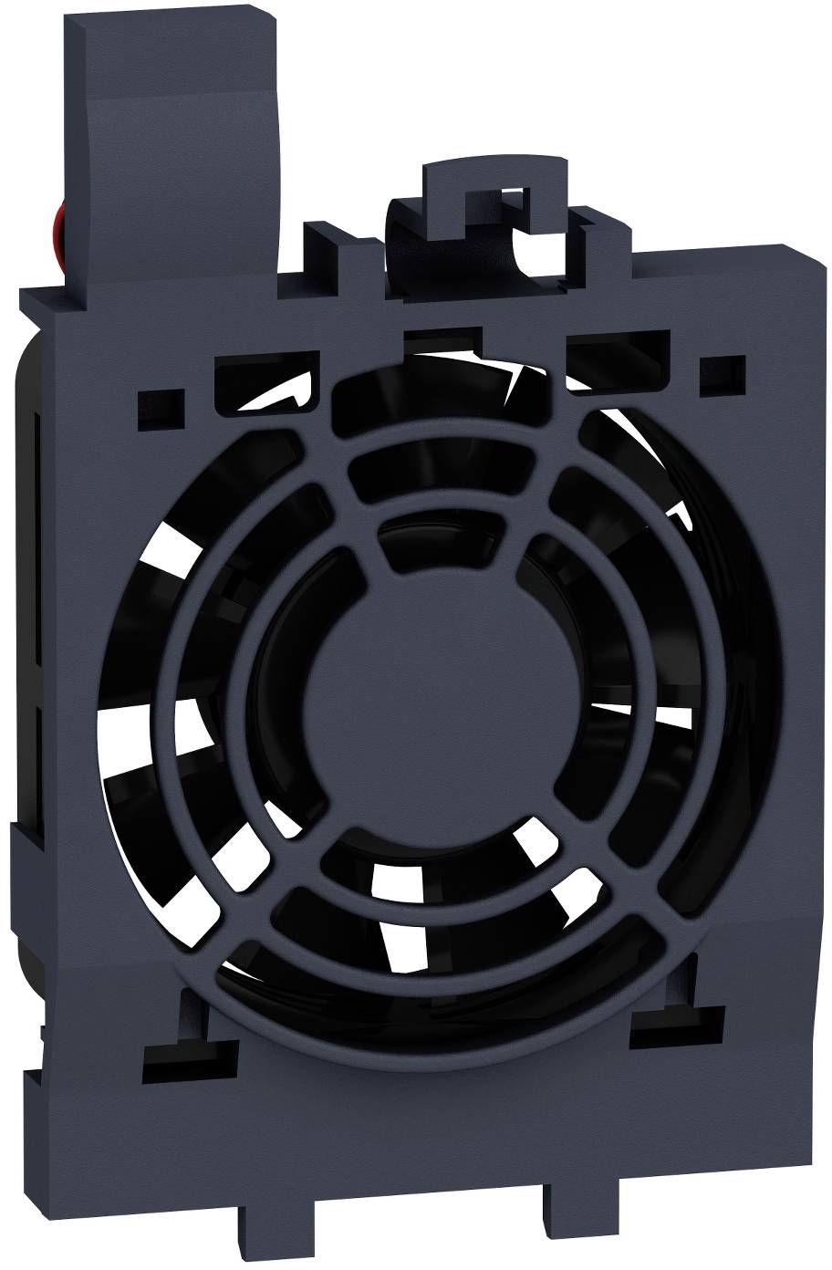 Schwarzes Computer-Kühlgebläse-Modul mit einem kreisförmigen Lüfter in einem quadratischen Rahmen, Vorderansicht auf weißem Hintergrund.