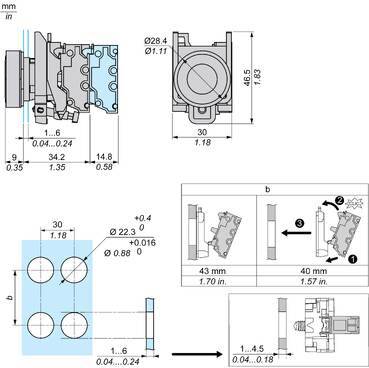 Technische Konstruktionszeichnung eines mechanischen Verbinders mit Vorder-, Seiten- und Befestigungslochansichten, die Abmessungen in Millimetern und Zoll sowie Montageorientierungsschritte zeigen.