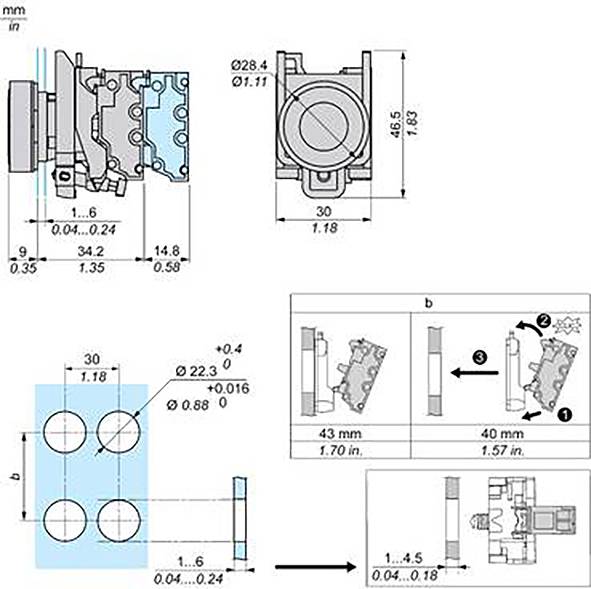 Technische Zeichnung eines mechanischen Verbinders oder Montageblockes mit Vorder-, Seiten- und Installationsansichten, die Abmessungen in mm und Zoll sowie Ausrichtungsschritte zeigt.