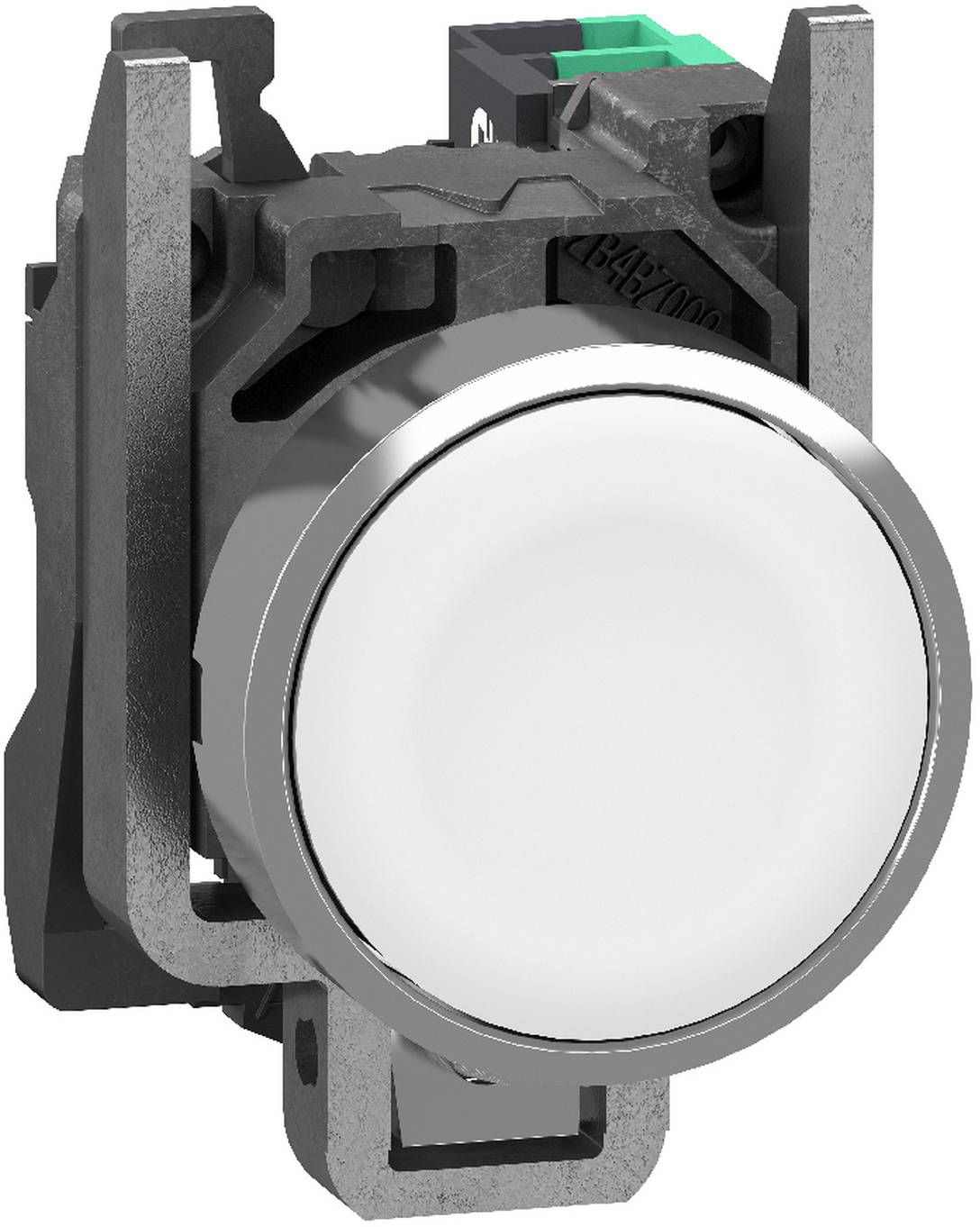 Nahaufnahme eines runden Metall-Druckschaltermoduls mit silbernem Betätigungselement und schwarzem Befestigungsrahmen auf weißem Hintergrund.