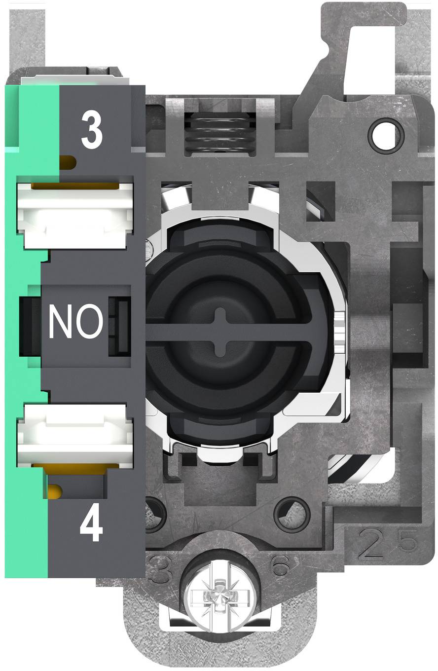 Nahaufnahme einer mechanischen elektrischen Schalteranordnung mit Anschlüssen mit den Bezeichnungen 3, NO und 4, die den zentralen Betätiger und die Befestigungshalterung zeigt.