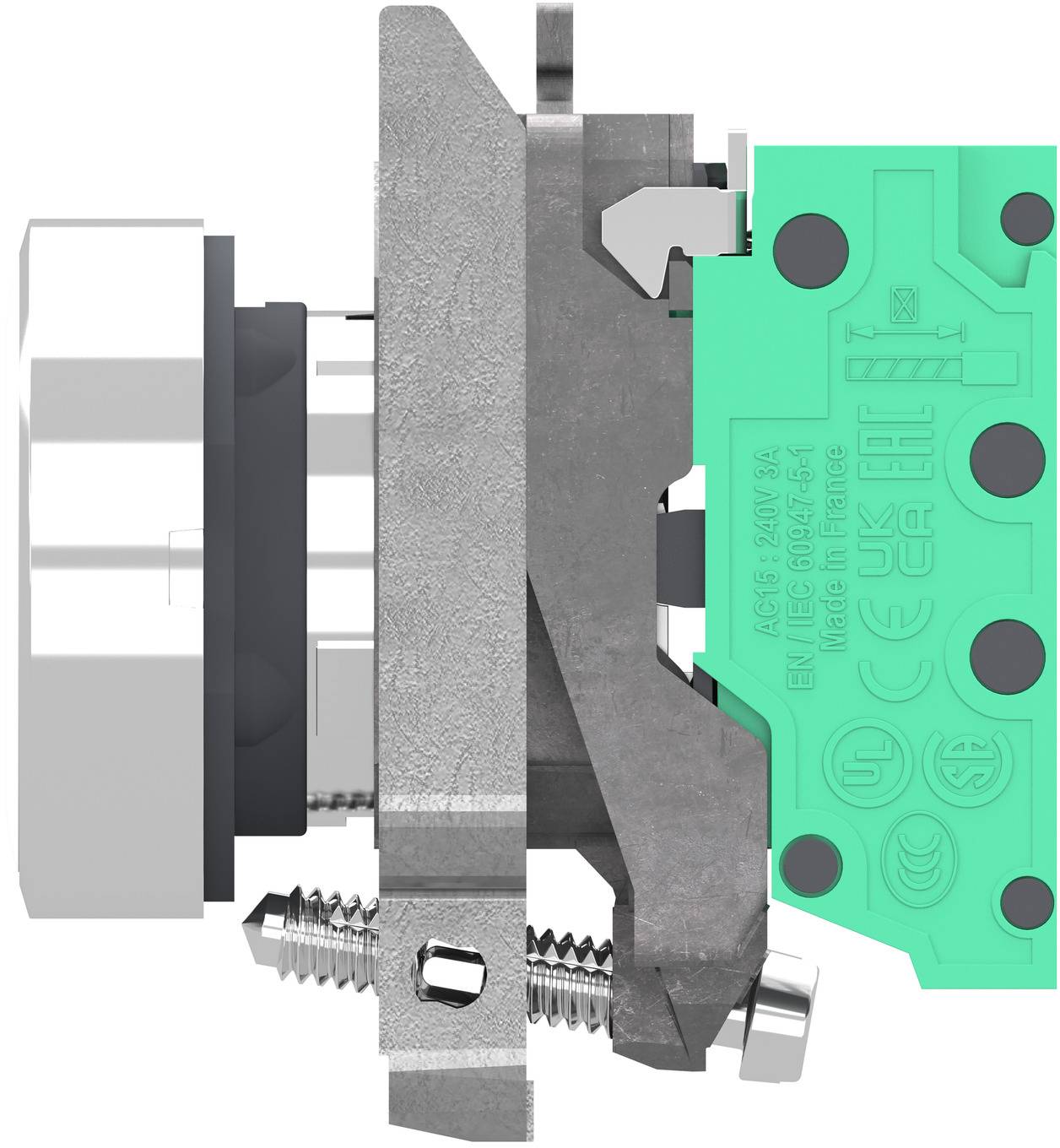 Detaillierte technische Illustration einer mechanischen Schalteraktuator-Baugruppe mit Metallhalterung und leuchtend grünem Schaltgehäuse, mit sichtbarem inneren Gestänge und Befestigungsschraube.