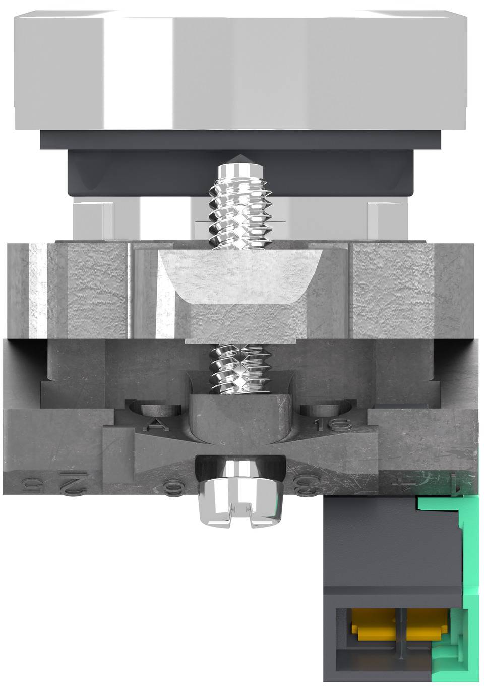 Querschnitt einer mechanischen Klemmeinheit mit zentraler Gewindeschraube, Metallgehäuse und unterem Verbindungsblock in Schnittdarstellung.