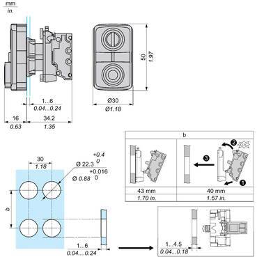 Technische Maßstabszeichnung eines rechteckigen Dual-Linsen-Sensors oder Steckers, showing front, side, and mounting views with measurements in mm and inches.