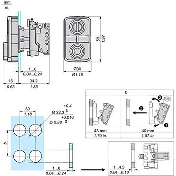 Technische Maßzeichnung eines kleinen rechteckigen mechanischen Verbinders/Bauteils dargestellt in mehreren Ansichten mit Maßen in mm und Zoll.