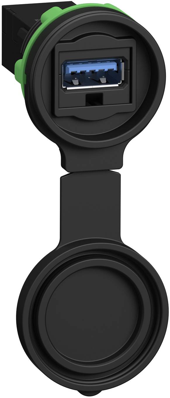 Schwarze schützende USB-Anschlusskappe mit abnehmbarem Deckel, die einen blauen USB-A-Anschluss im Inneren zeigt.