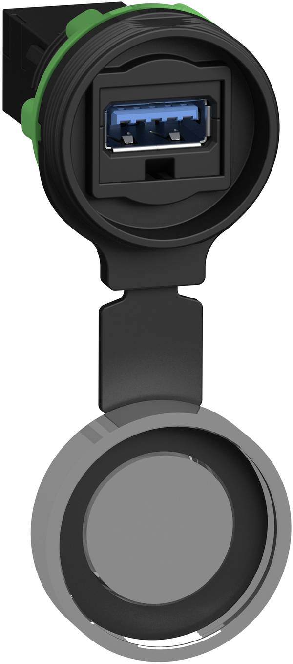 Schutzkappeergebnis an einem schwarzen USB-Anschluss angebracht, mit offener Ansicht und dem blauen Stecker sichtbar sowie die Abdeckung darunter hängend.