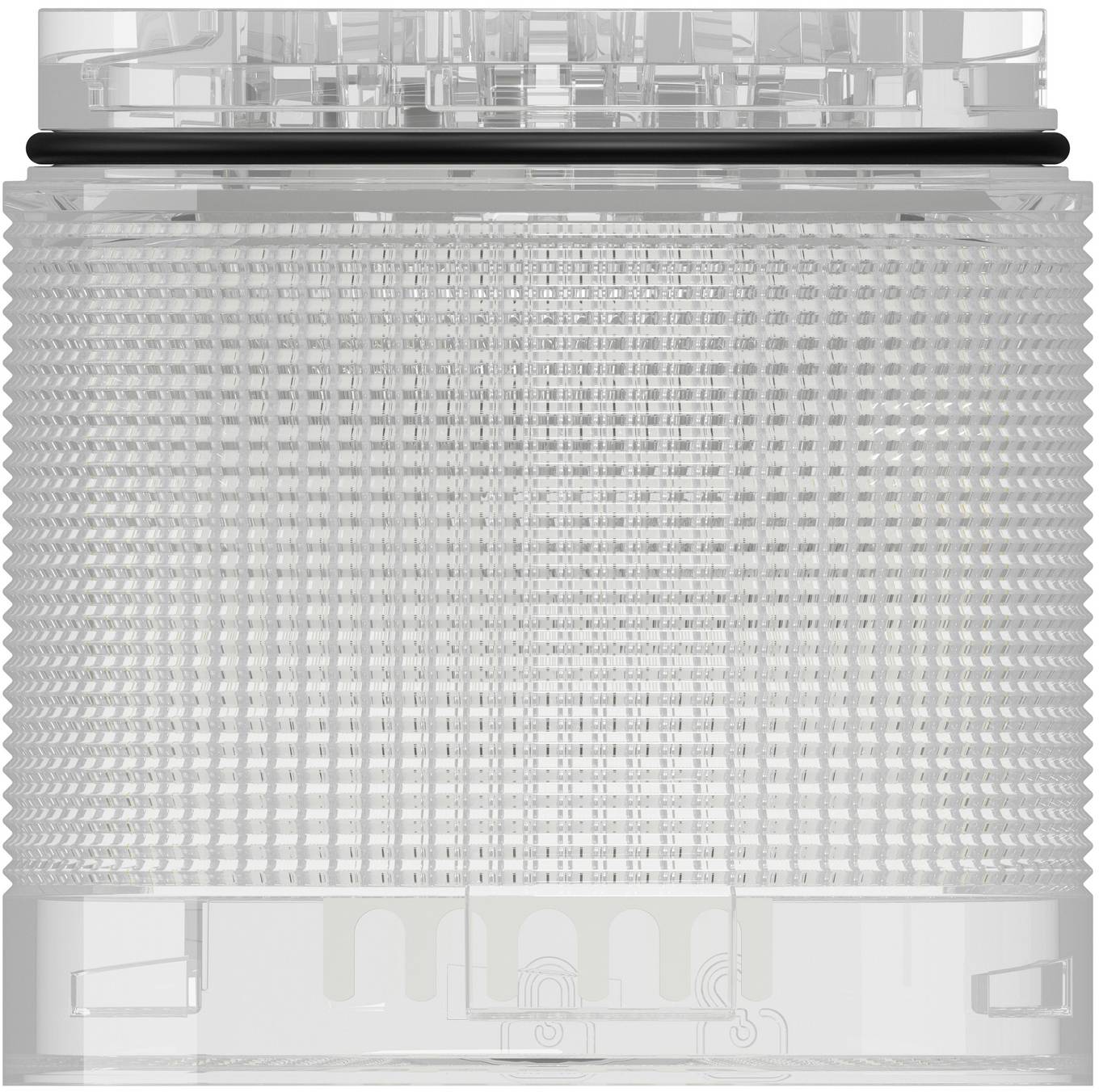 Transparenter zylindrischer Behälter mit strukturierter, gitterartiger Oberfläche und transparentem Deckel, Vorderansicht auf weißem Hintergrund dargestellt.