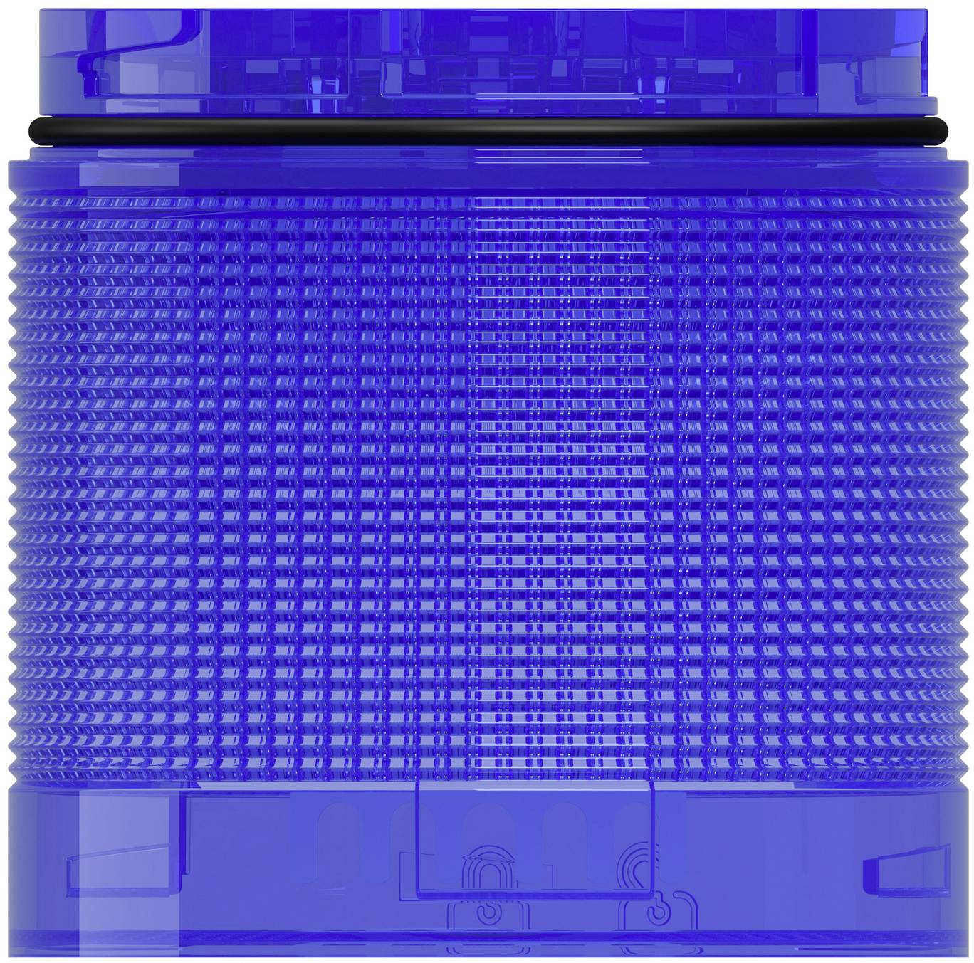 Blauer durchsichtiger zylindrischer Filter mit geripptem Maschengewebe und schwarzem Dichtungsring, dargestellt auf weißem Hintergrund.