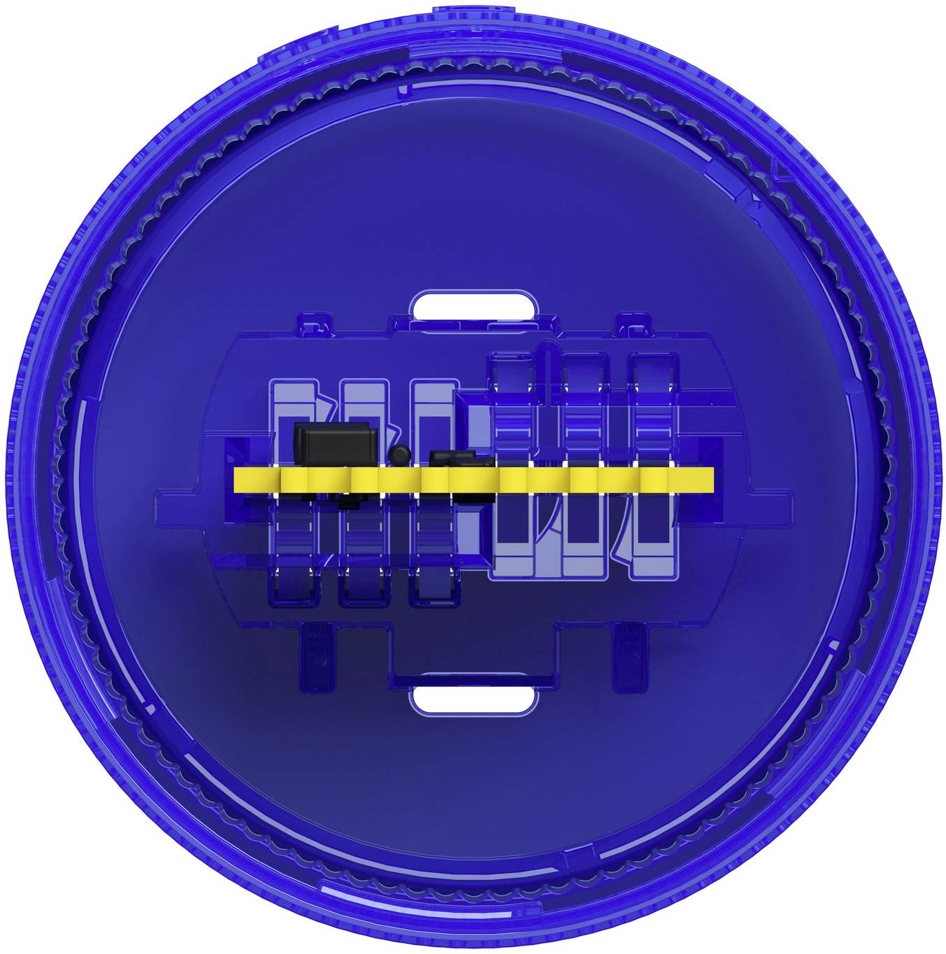 Draufsicht auf ein blaues kreisförmiges elektronisches Bauteil mit einem gelben Streifen über die Mitte, ähnlich wie ein Stecker oder ein Teil in einem runden Gehäuse.