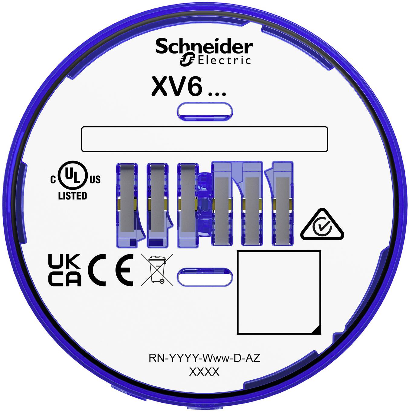 Schneider Electric XV6... Produktetikett mit Zertifizierungszeichen, einer zentralen blauen Komponente und dem Modellcode RN-YYYY-Www-D-AZ XXXX.