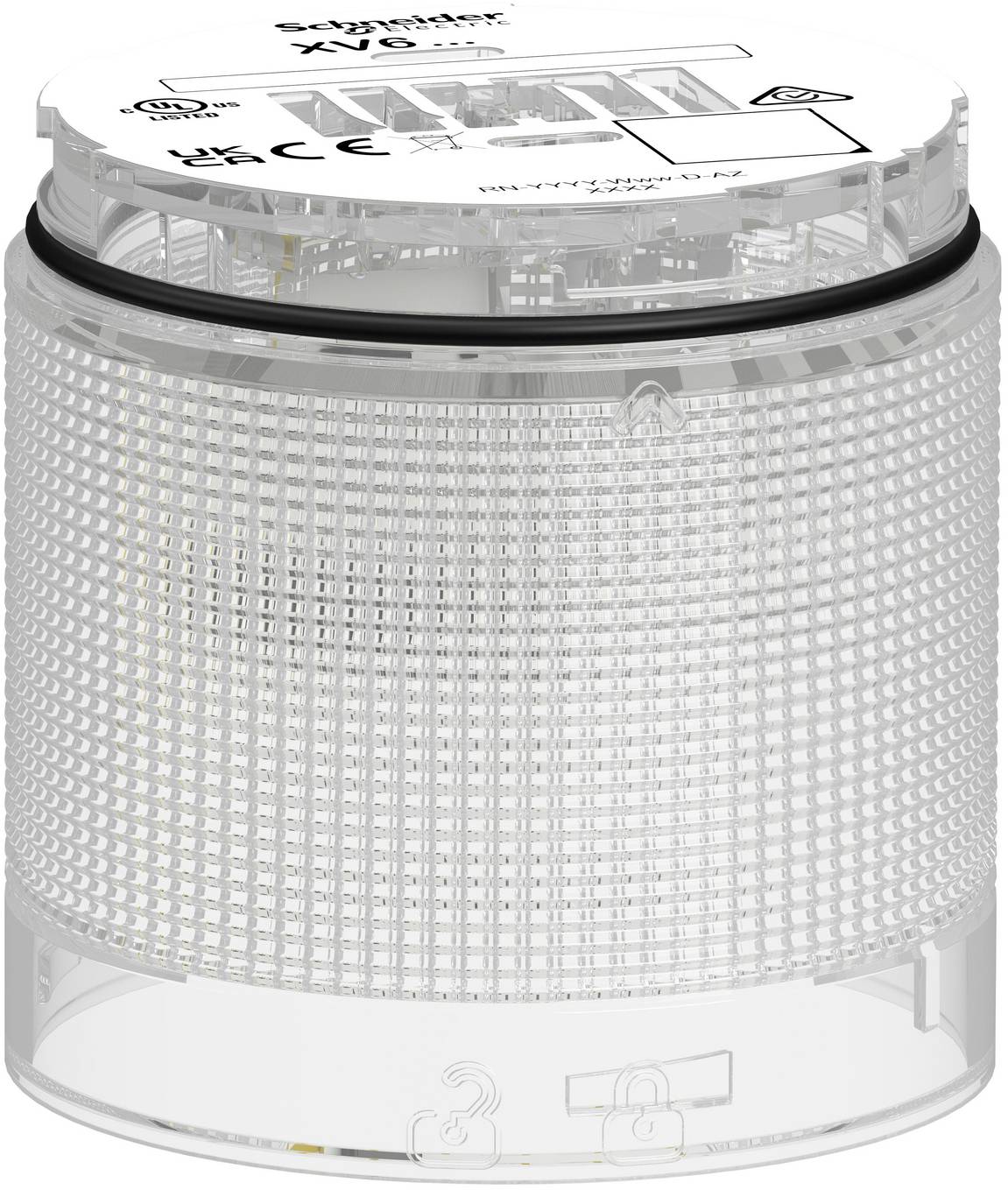 Klare zylindrische LED-Signalleuchte mit strukturierter Linse und schwarzem oberen Ring, gezeigt in Produktverpackung.