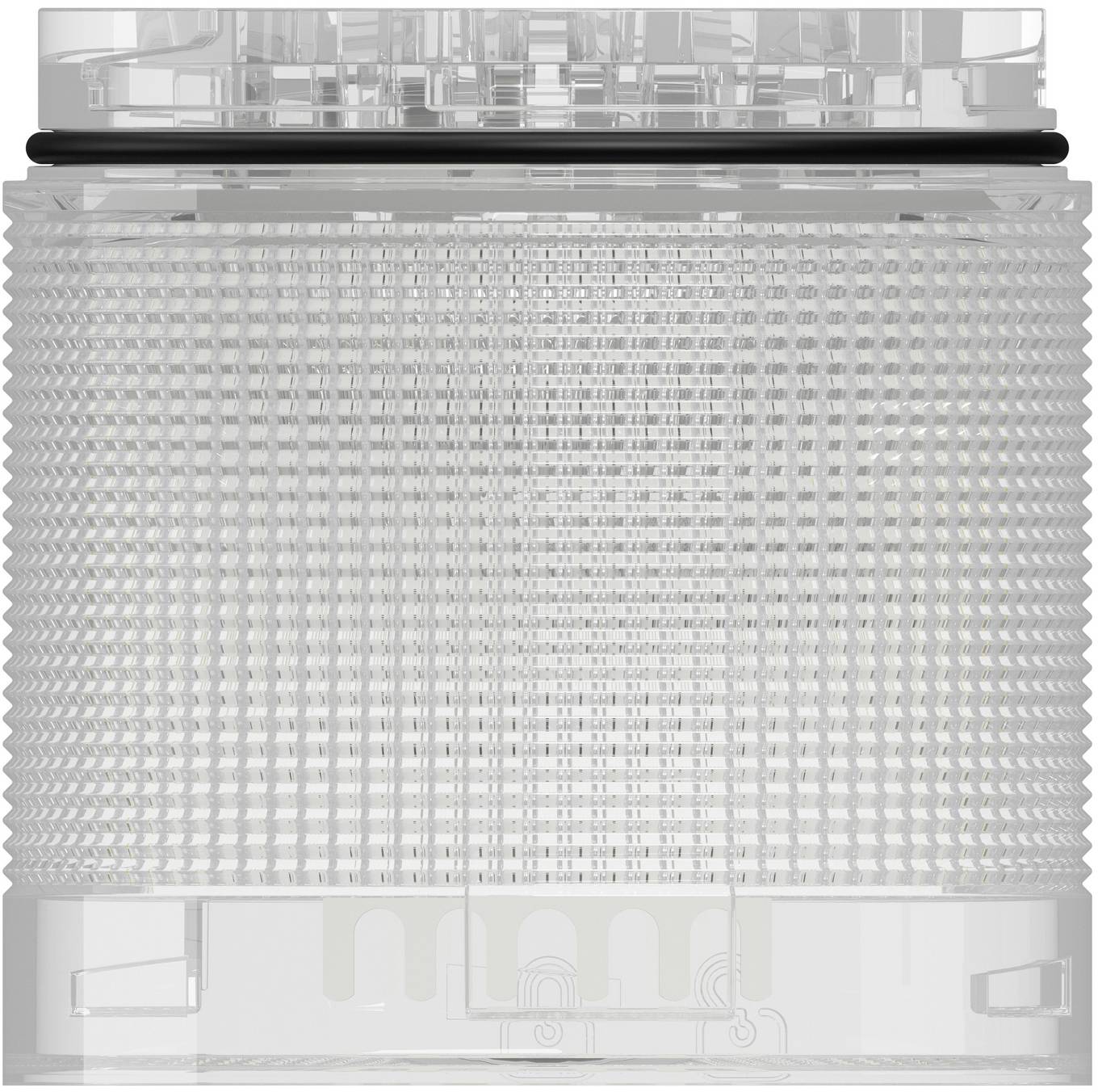 Transparentes, quadratisches elektrisches oder elektronisches Bauteil mit strukturiertem zylindrischem Mittelteil und klarem oberen und unteren Gehäuse.