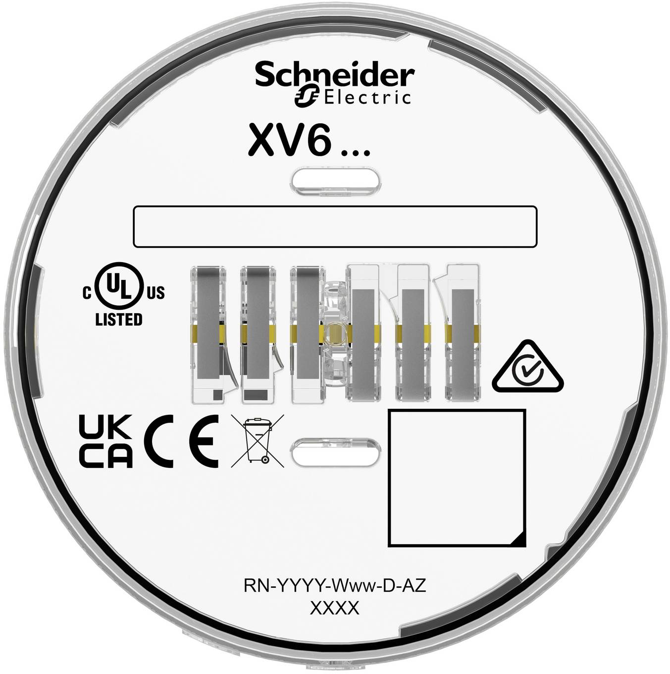 Schneider Electric XV6 kreisförmiges Produktetikett mit Konformitätskennzeichen (UL, UKCA, CE) und Modellcode RN-YYYY-Www-D-AZ XXXX.