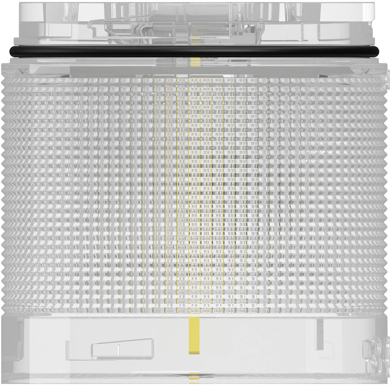 Transparente zylindrische mechanische Komponente mit durchlöchertem Metallgewebekörper und Deckkappe, in Nahaufnahme auf weißem Hintergrund dargestellt.