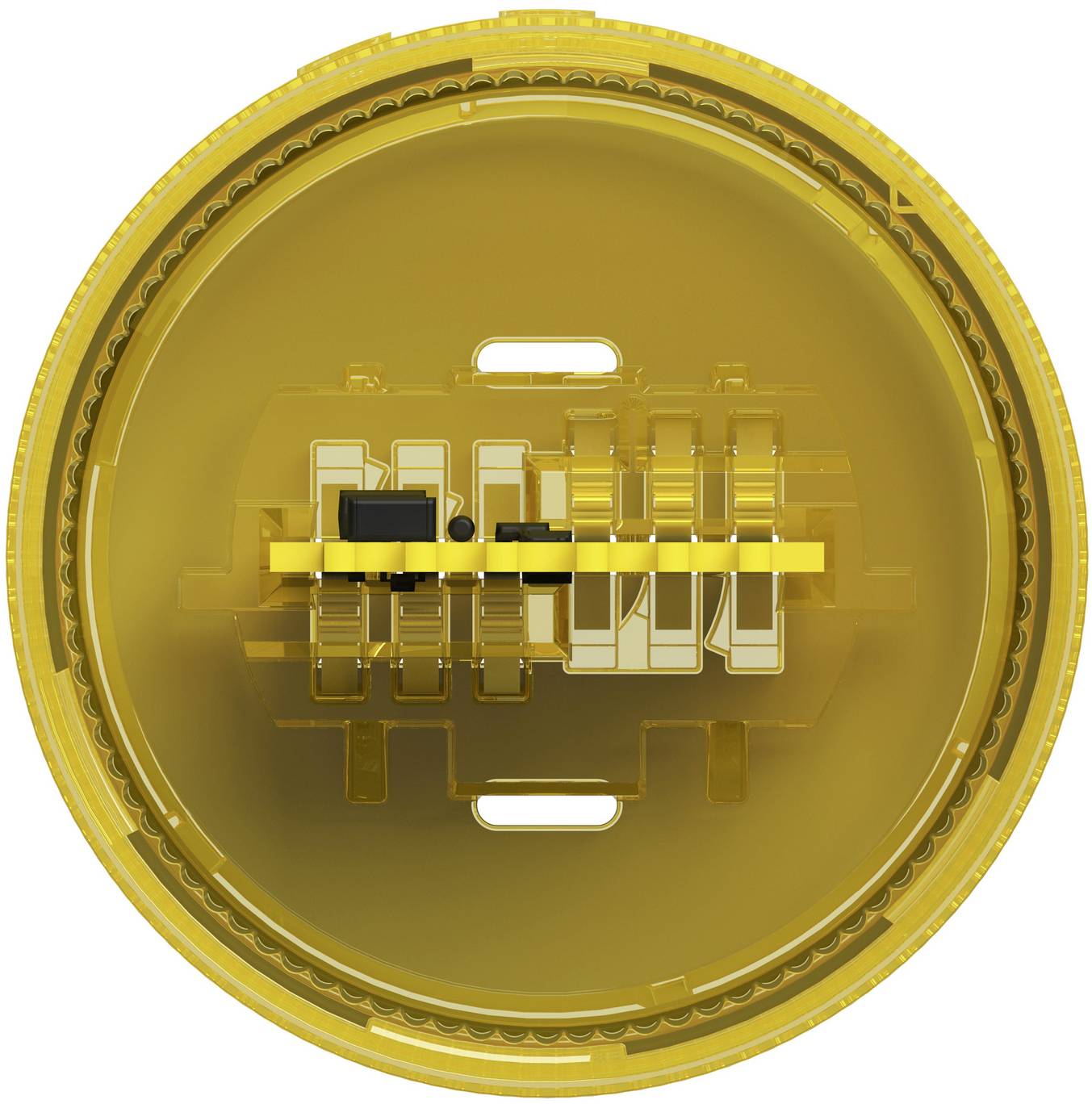 Nahaufnahme einer goldenen kreisförmigen elektronischen Komponente oder eines Steckers mit einem zentralen internen Mechanismus in einem transparenten Gehäuse.