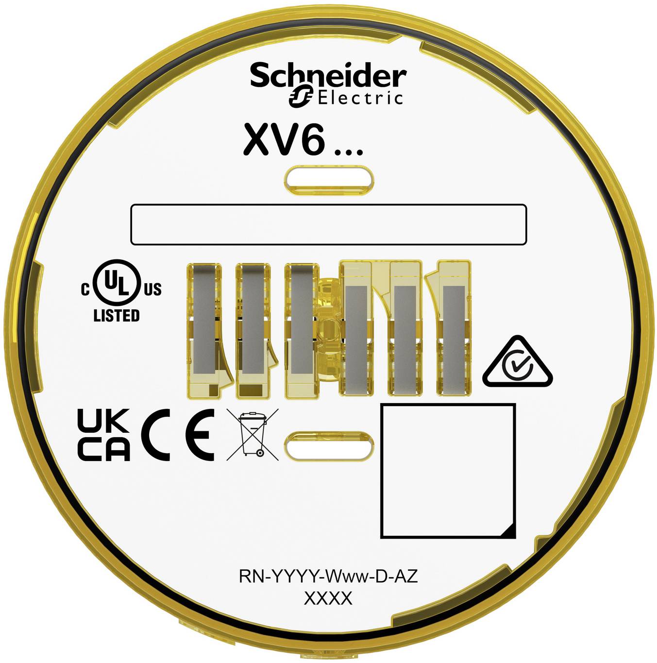 Schneider Electric XV6 Produktetikett in Kreisform mit Zertifizierungszeichen, leeren Etikettfeldern und Teilcodenummer 'RN-YYYY-Www-D-AZ XXXX'.