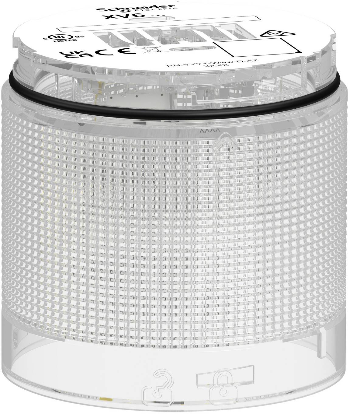 Transparentes zylindrisches elektronisches Gerät mit durchlochtem Seitenmäntel und beschrifteter Oberseite, dargestellt in Produktansicht.