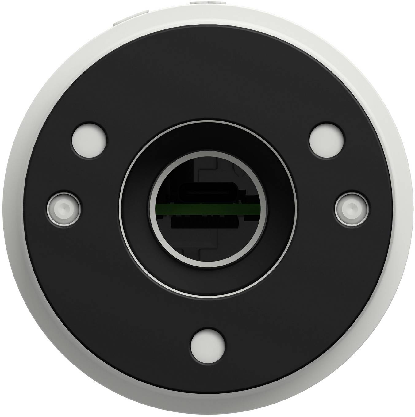 Vorderansicht eines kreisförmigen schwarzen elektronischen Geräts oder Sensors mit vier kleinen runden Lichtern um eine zentrale Linse oder einen zentralen Anschluss.