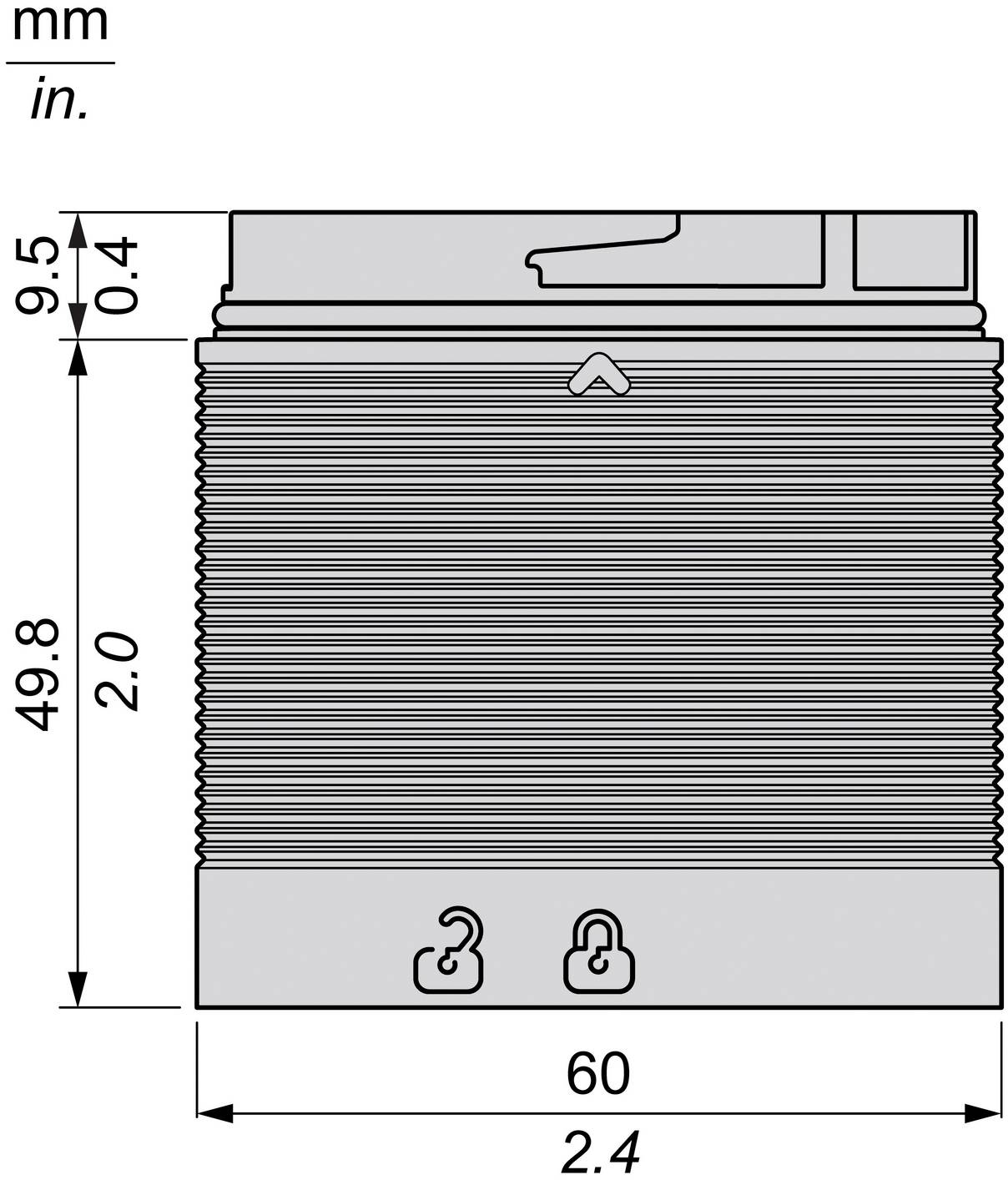 Technische Zeichnung einer gerippten zylindrischen Komponente mit Maßannotationen: 60 mm (2,4 Zoll) breit und 49,8 mm (2,0 Zoll) hoch, mit einem 9,5 mm (0,4 Zoll) großen oberen Abschnitt.