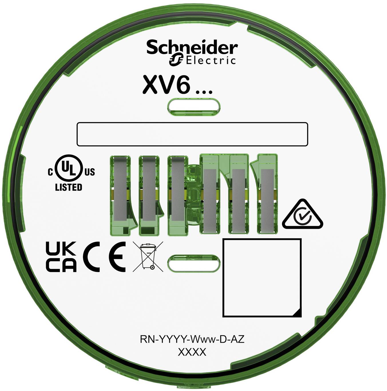 Schneider Electric XV6 Kreiskomponenten-Etikett mit Zertifizierungszeichen, Modellcode, Verdrahtungs-/Kontaktdiagrammblöcke und Teilenummer 'RN-YYYY-Www-D-AZ XXXX'
