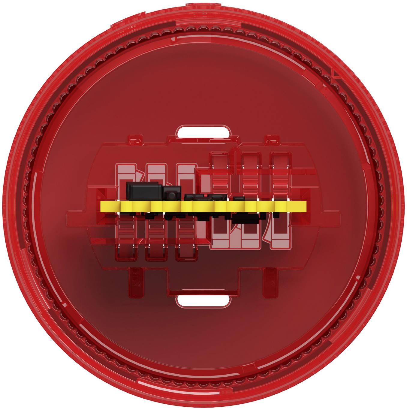 Rotes kreisförmiges Gerät mit einem zentralen horizontalen gelb-schwarzen Balken in einem transparenten Gehäuse, von oben auf weißem Hintergrund betrachtet.
