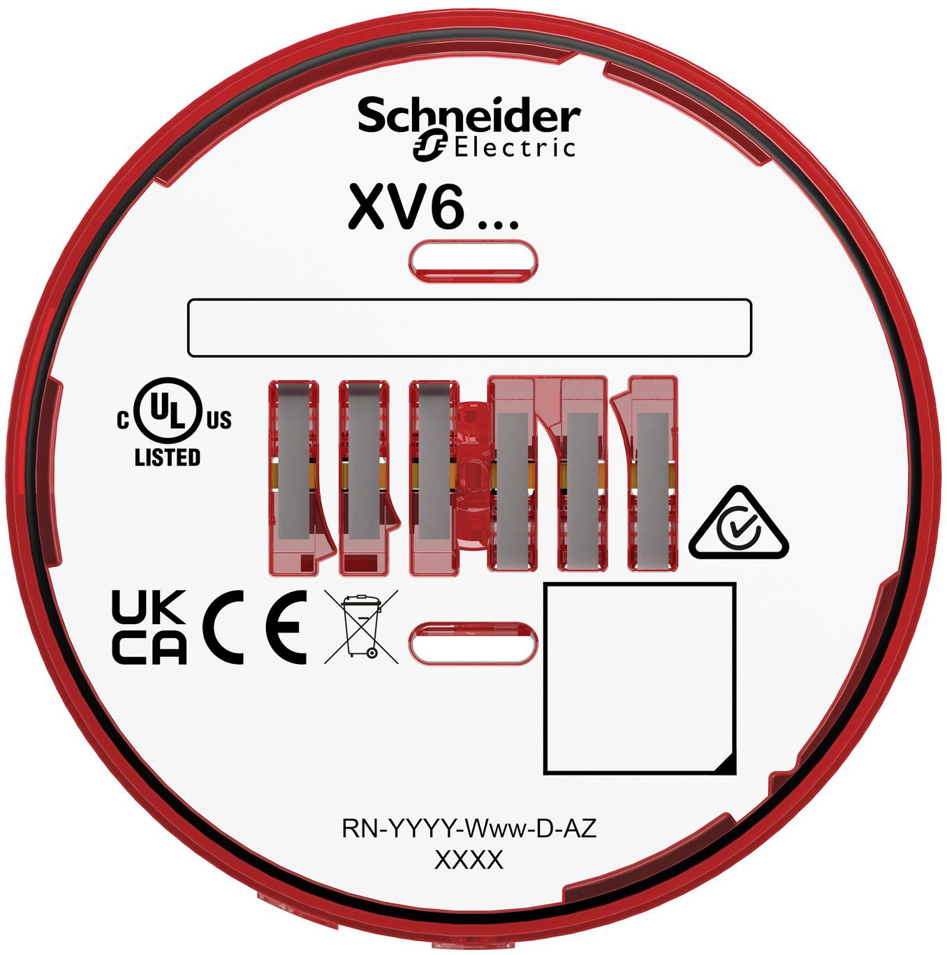 Schneider Electric XV6 rundes Etikett mit rotem Rand, UL/CE/UKCA-Kennzeichen, Abbildung der Anschlussklemmen und Produktcode RN-YYYY-Www-D-AZ XXXX.