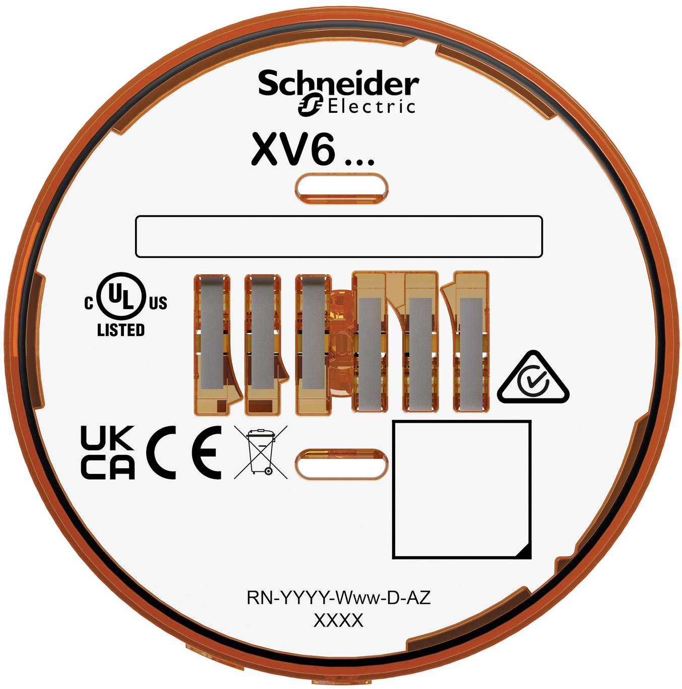 Schneider Electric XV6 kreisförmiges Produktetikett mit Genehmigungszeichen, Teilecode RN-YYYY-Www-D-AZ XXXX und einem leeren Quadratfeld.