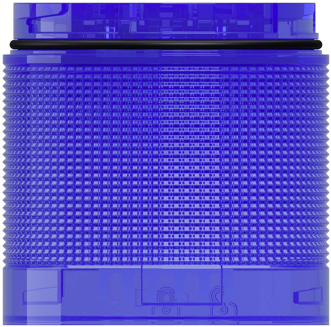 Blauer transparenter zylindrischer Industriefilter oder Filterpatrone mit schwarzem Dichtungsring, Vorderansicht auf einem einfachen Hintergrund.