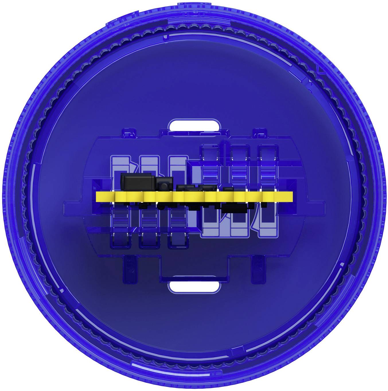 Blauer kreisförmiger Kunststoffdeckel oder Verschluss mit einem gelben horizontalen Streifen in der Mitte, der innere mechanische Teile in einem durchscheinenden Gehäuse zeigt.