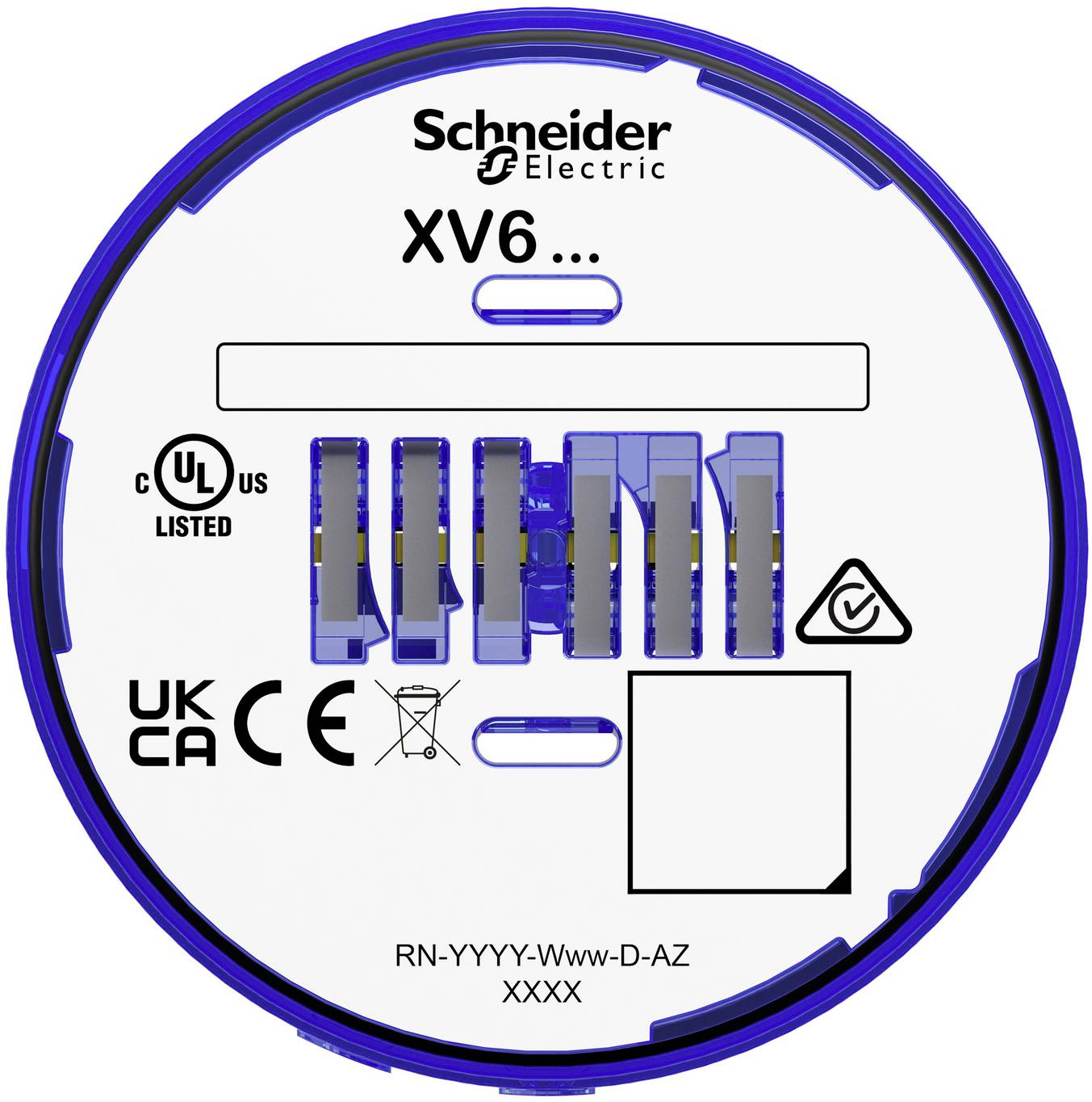 Schneider Electric XV6 kreisförmiges Etikett mit Zertifizierungsmarkierungen, Modelltextbereich, Barcode-Bereich und kleinen Symbolblöcken auf weißem Hintergrund.