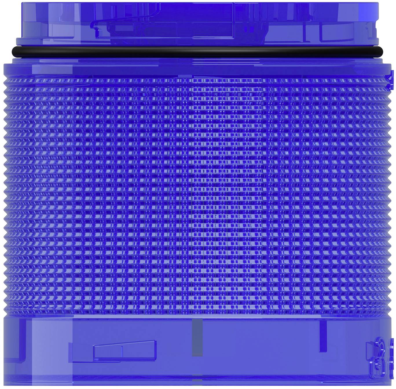 Blauer durchscheinender gekerbter zylindrischer Behälter von vorne betrachtet, mit einem schwarzen Ring oben und einer flachen Basis, Produktnahaufnahme.