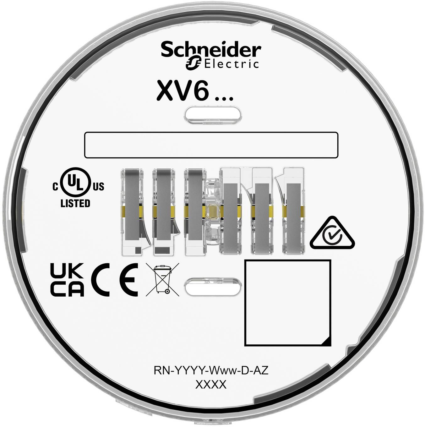 Schneider Electric XV6 rundes Produktetikett mit Zertifizierungszeichen, leeren Identifikationsfeldern und Teilenummercode am unteren Rand.
