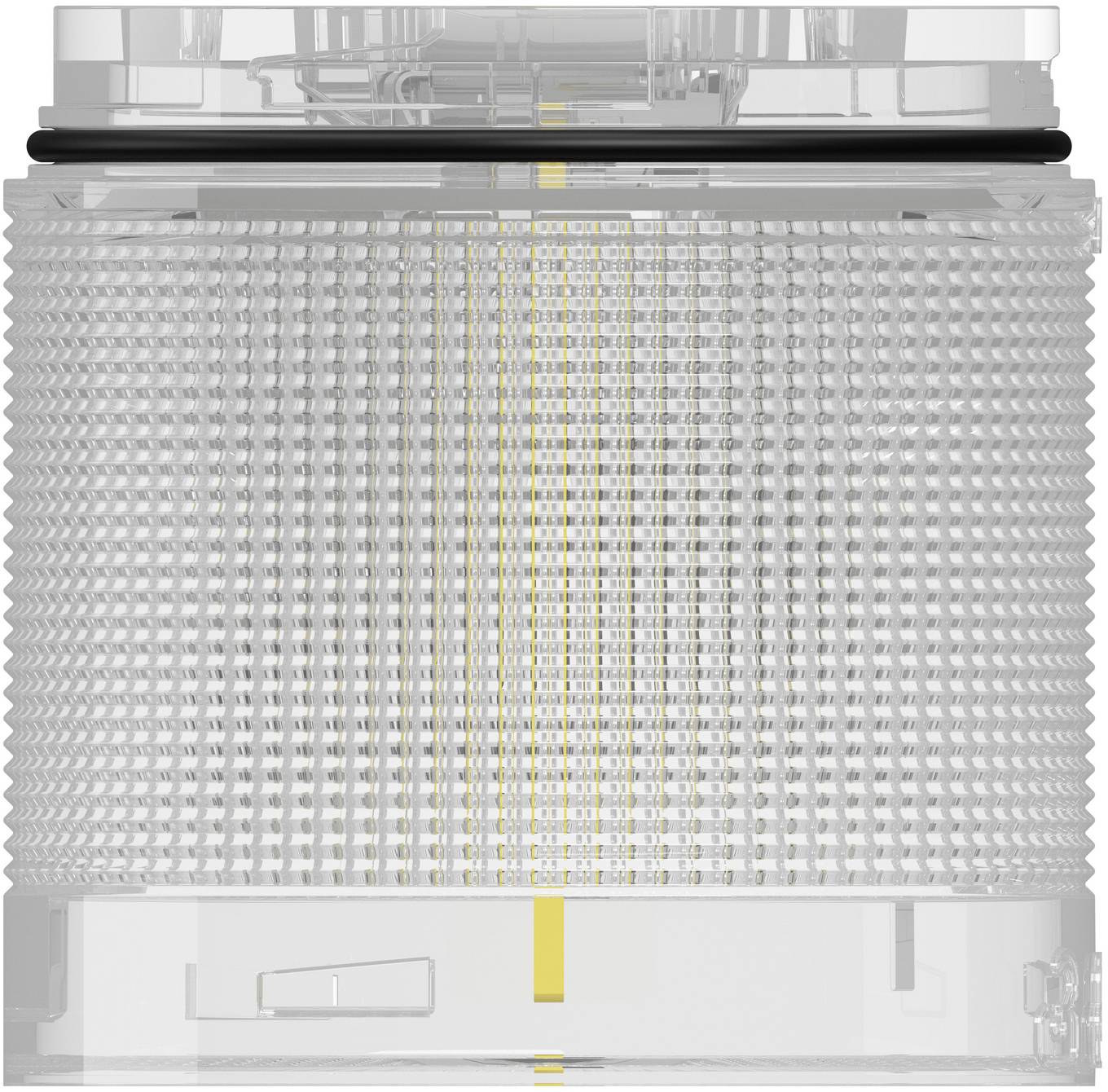 Transparentes technisches Gerätgehäuse mit zylindrischem perforiertem Maschenzentrums und sichtbaren internen Komponenten, frontal auf weißem Hintergrund dargestellt.
