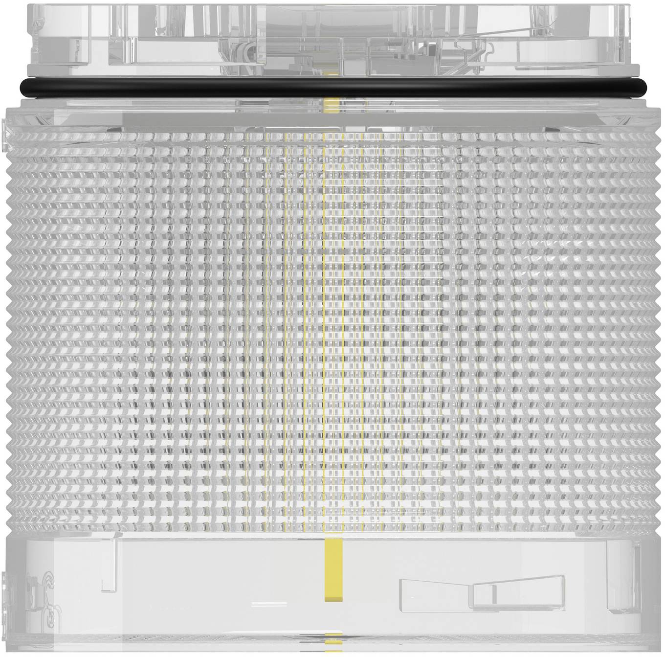 Transparente zylindrische Luftfilterpatrone mit gefalteter Netzmedien und einem gelben zentralen Stützstreifen in einer weißen Kunststoffbasis.