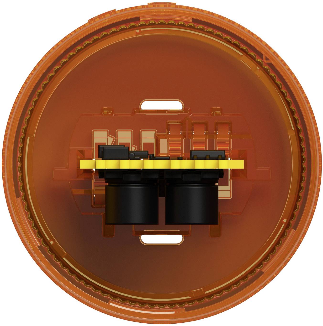 Draufsicht auf eine orangefarbige kreisförmige elektronische Komponente mit einer zentralen schwarz-gelben Steckereinheit in einem transparenten Gehäuse.