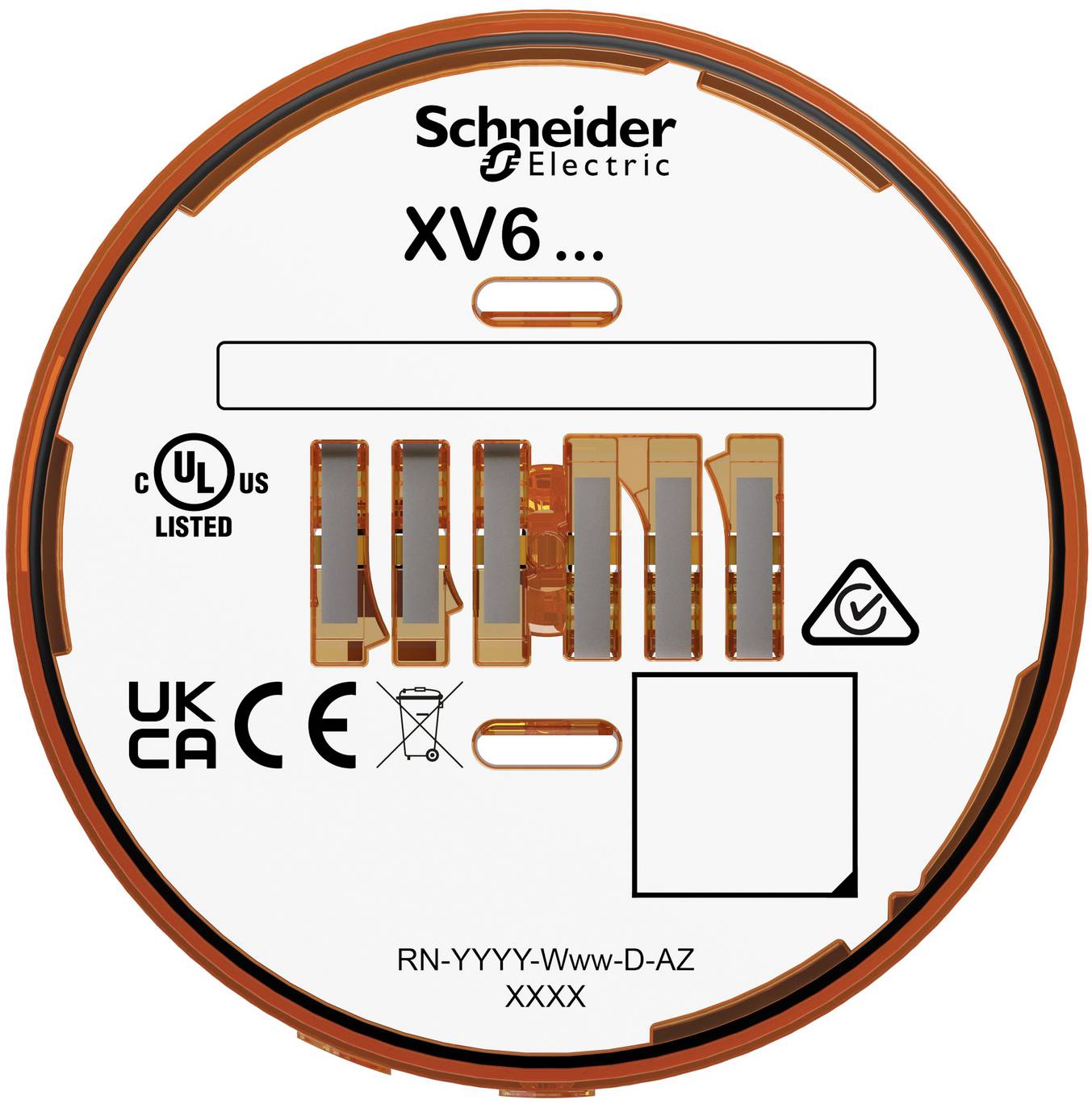 Schneider Electric XV6 Produktetikett mit Compliance-Logos, leeres Produktnamensfeld, Steckerillustration und Teilenummernplatzhalter unten.