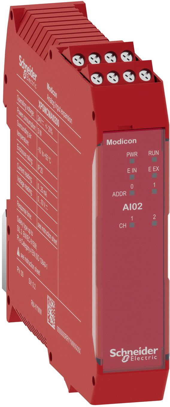 Rotes Schneider Electric Modicon AI02 Industriemodul mit vorderen Statusanzeigen und aufgedruckter Beschriftung.