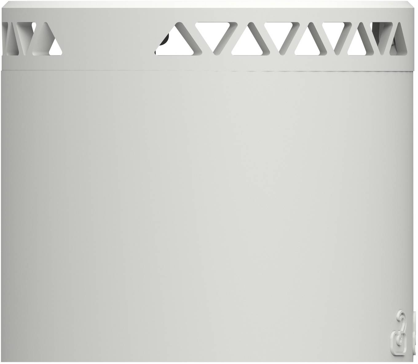 Helles grauetailliertes Metallpanel mit einer Reihe dreieckiger Ausschnitte entlang der oberen Kante und einem kleinen Schlosssymbol in der unteren rechten Ecke.