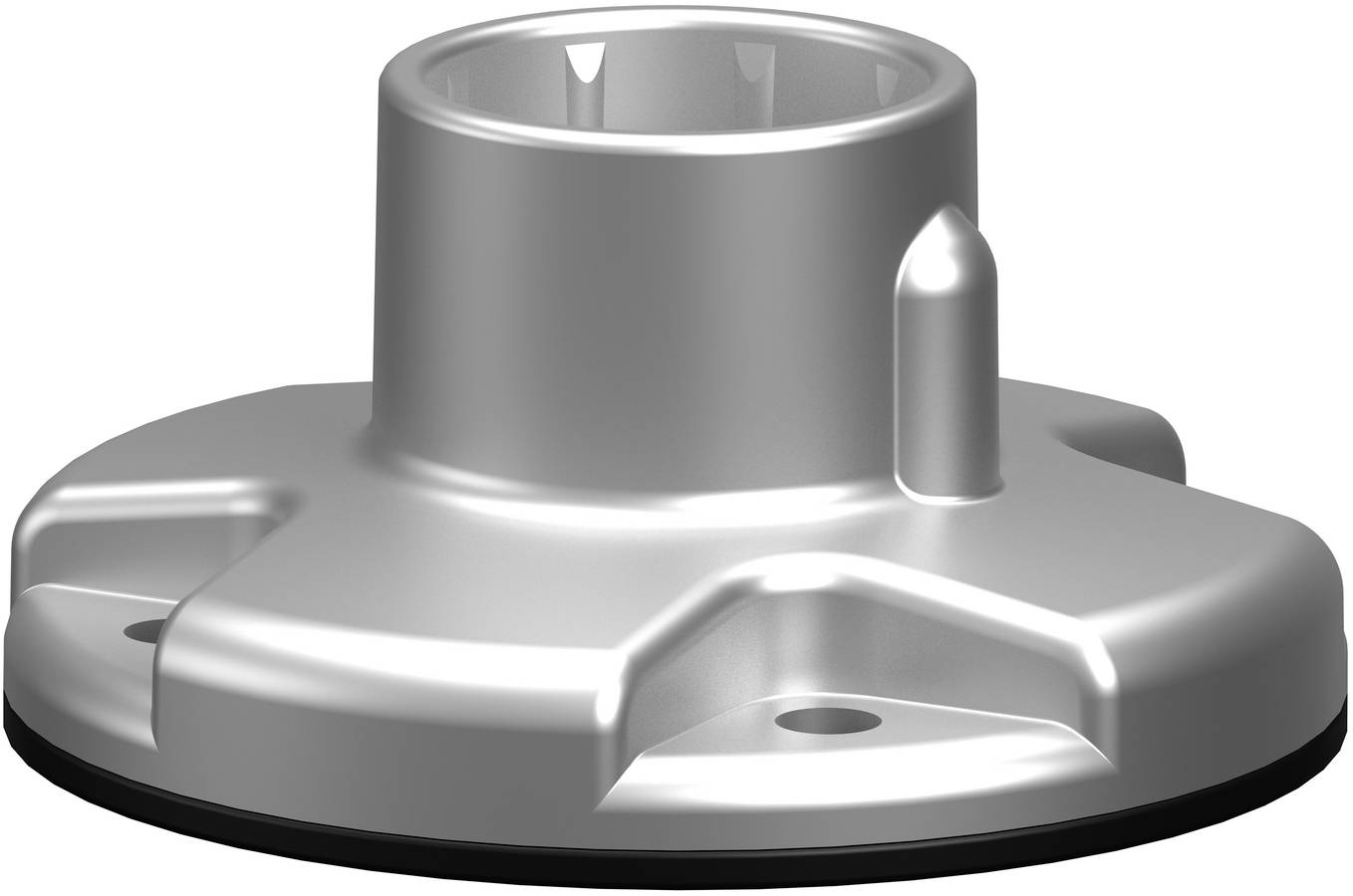 Silbermetallische mechanische Basis mit zentraler zylindrischer Öffnung und drei Befestigungslaschen, perspektivisch auf weißem Hintergrund dargestellt.