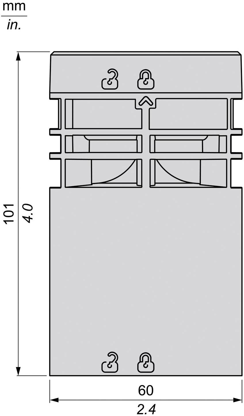 Technische Zeichnung eines rechteckigen elektrischen Geräts, Vorderansicht mit Verriegelungssymbolen und Abmessungen 60 mm breit x 101 mm hoch (2,4 x 4,0 Zoll).