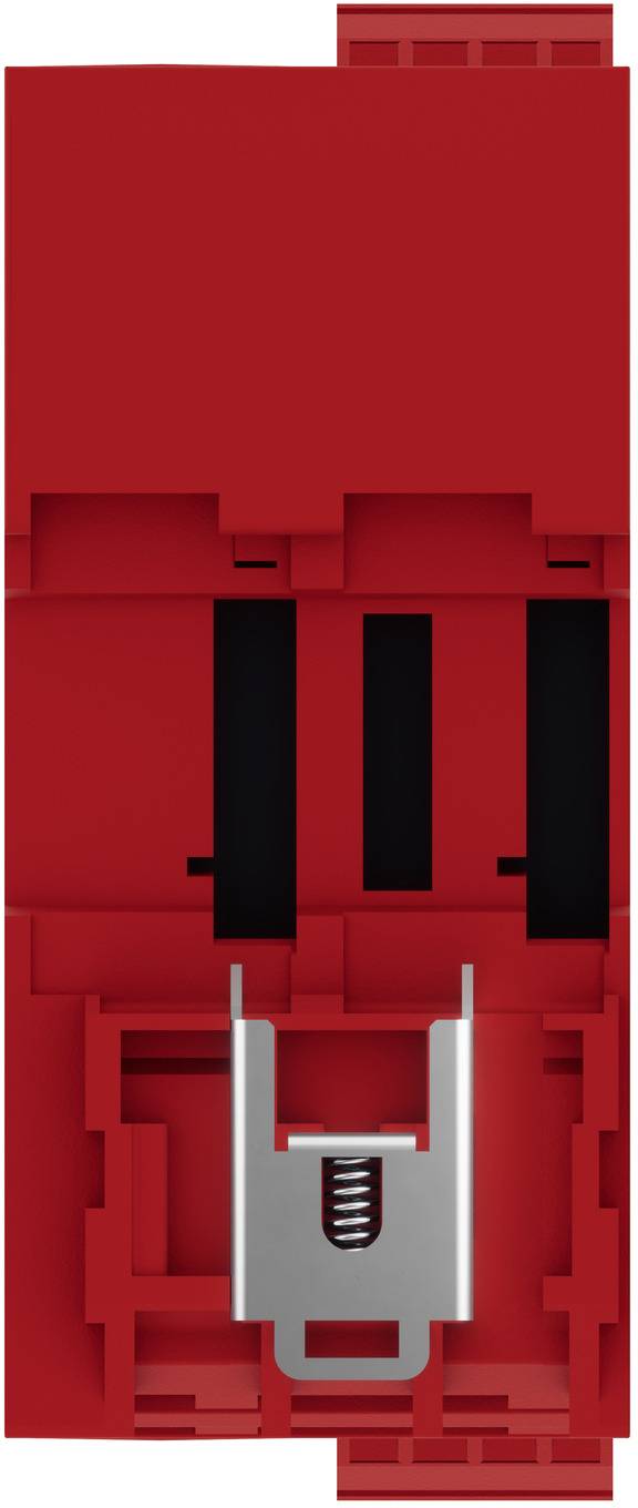 Rotes LEGO-ähnliches Modell mit schwarzen vertikalen Abschnitten und einem grauen federbelasteten Clip oder Abschussvorrichtung in der Mitte.