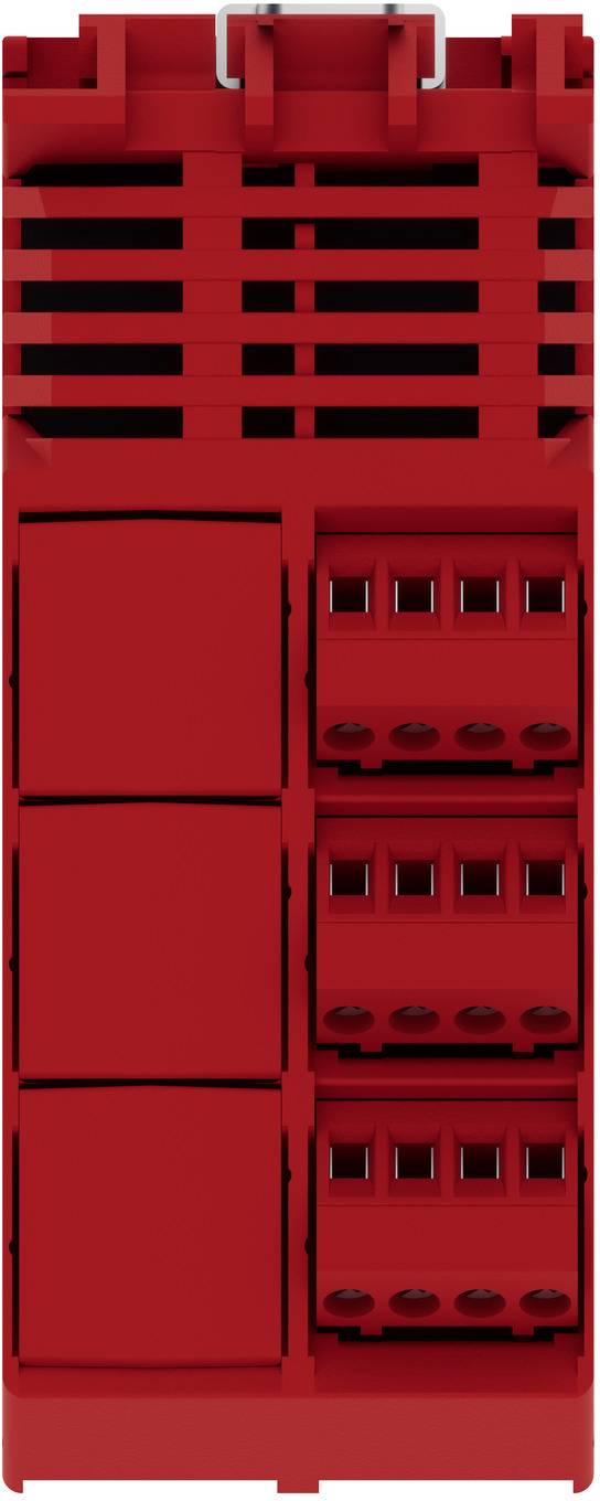 Rotes Kunststoff-Elektroklemmleistenblock mit sechs leeren Anschlussplätzen und Schraubenklemmen, Vorderansicht dargestellt.