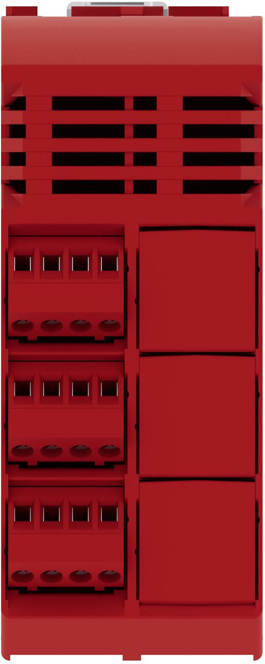 Rotes modulares elektronisches Block- oder Gerät an der Vorderseite mit Lüftungsschlitzen, kleinen Buchsen auf der linken Seite und drei großen leeren Paneelen auf der rechten Seite.