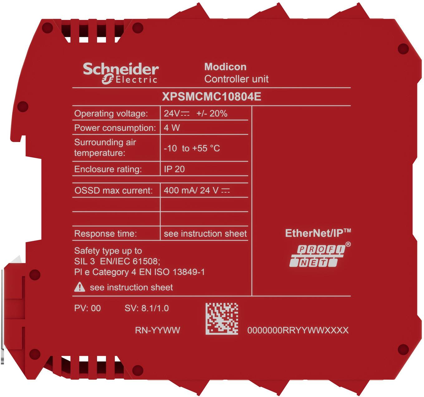 Rotes Schneider Electric Modicon-Controllereinheit-Etikett für XPSMCM10804E mit Spezifikationen wie 24 V, 4 W, -10 bis +55 °C, IP20 und EtherNet/IP, PROFINET.