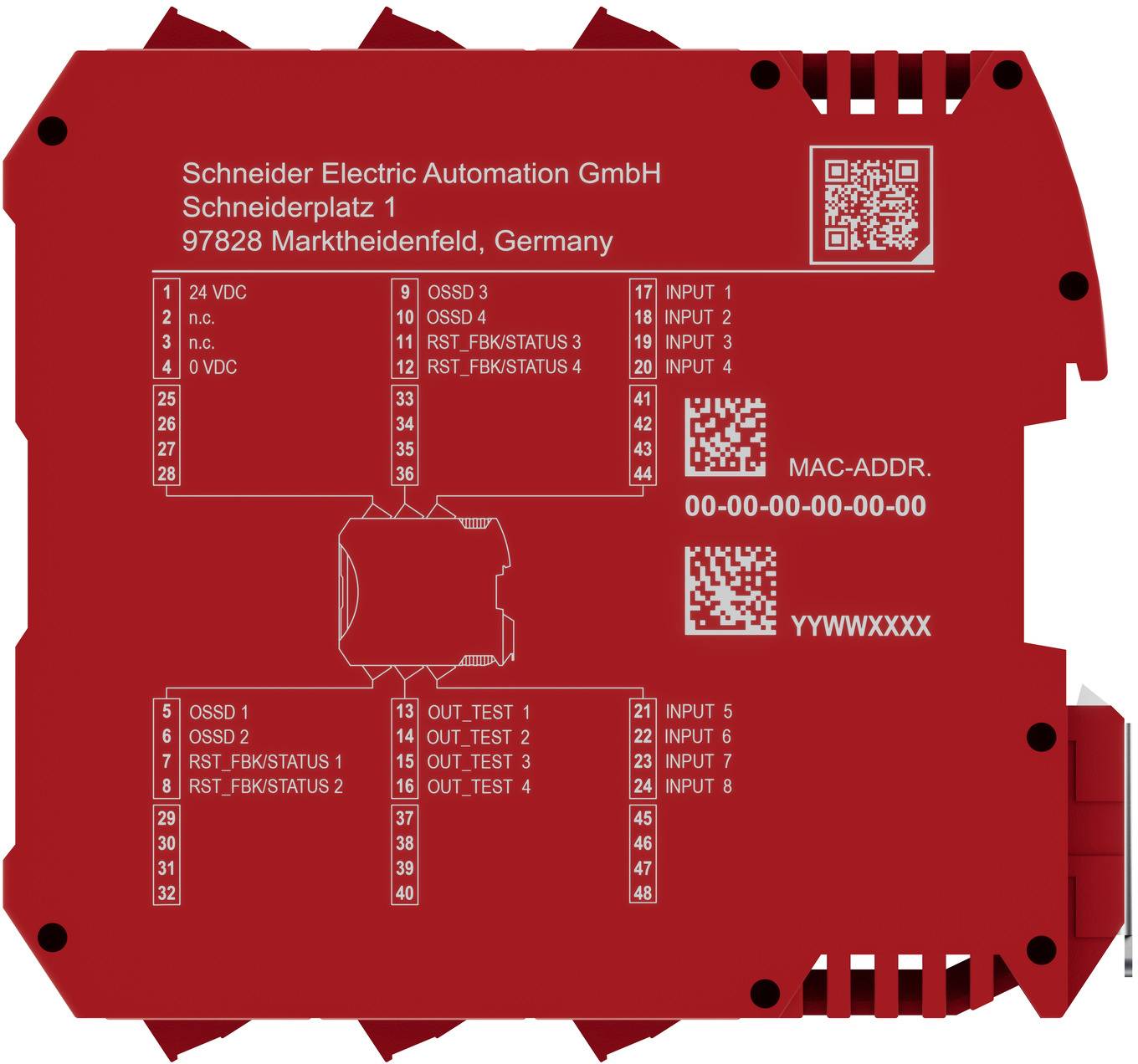 Rotes Schneider Electric Industriemodul-Etikett mit Anschlussklemmen, QR-Codes und MAC-Adresstext.