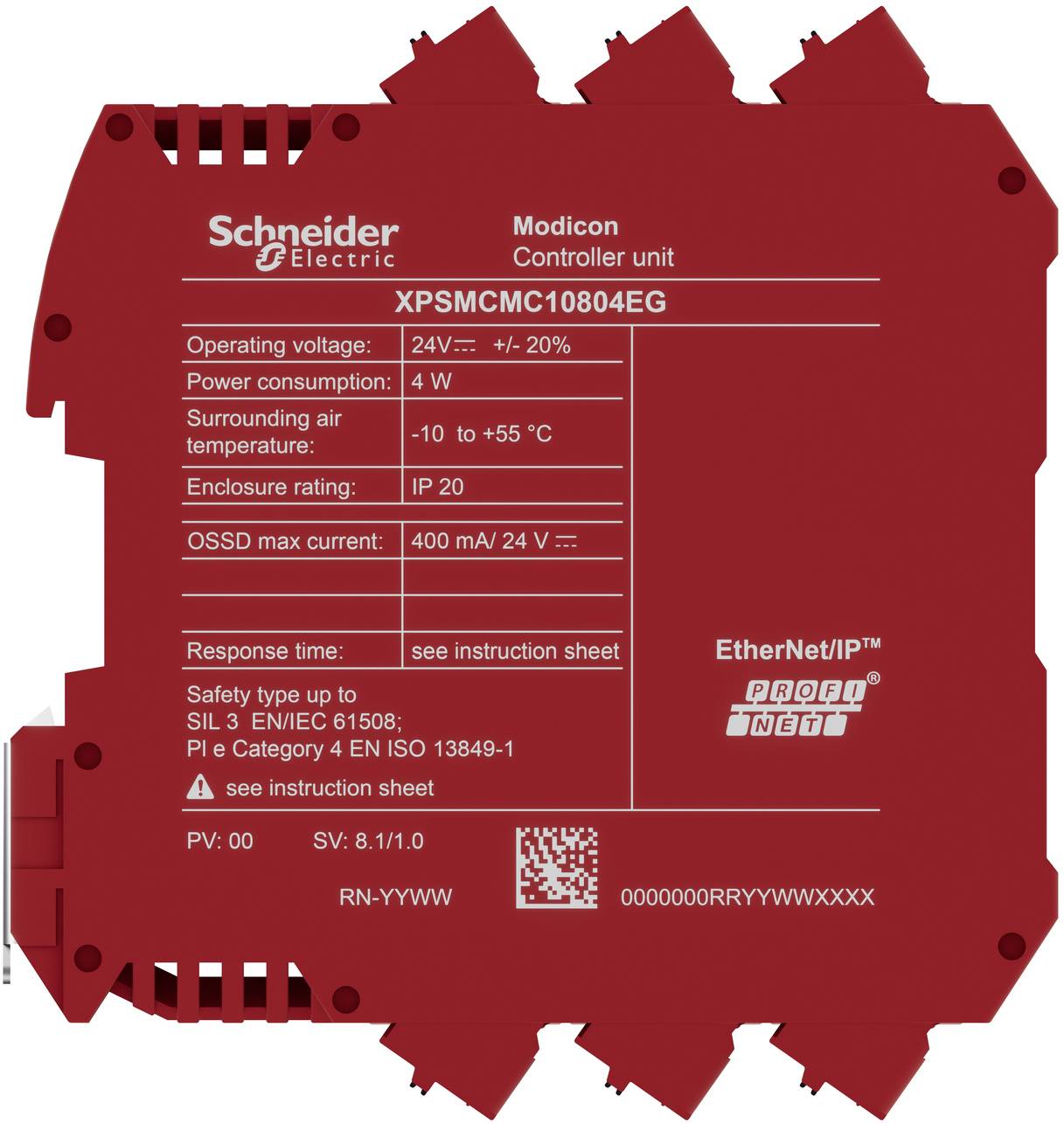 Rotes Etikett der Schneider Electric Modicon-Controllereinheit mit Modell XPSMCM10804EG, 24V-Stromversorgungsspezifikationen, Sicherheitsbewertungen und EtherNet/IP-Logo.