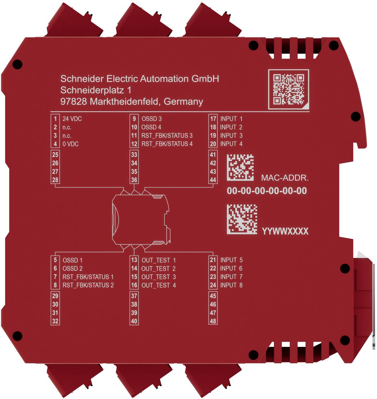 Rotes Schneider Electric Automatisierungsmodul mit gedruckten Anschlussbezeichnungen, QR-Codes und MAC-Adressinformationen auf der Vorderseite.